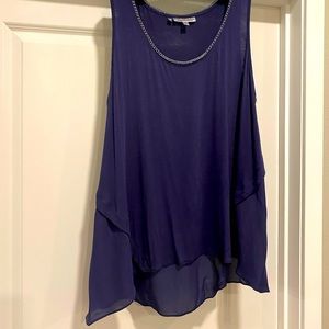 Navy blue tank top, a-line with sheer back, hi/low style